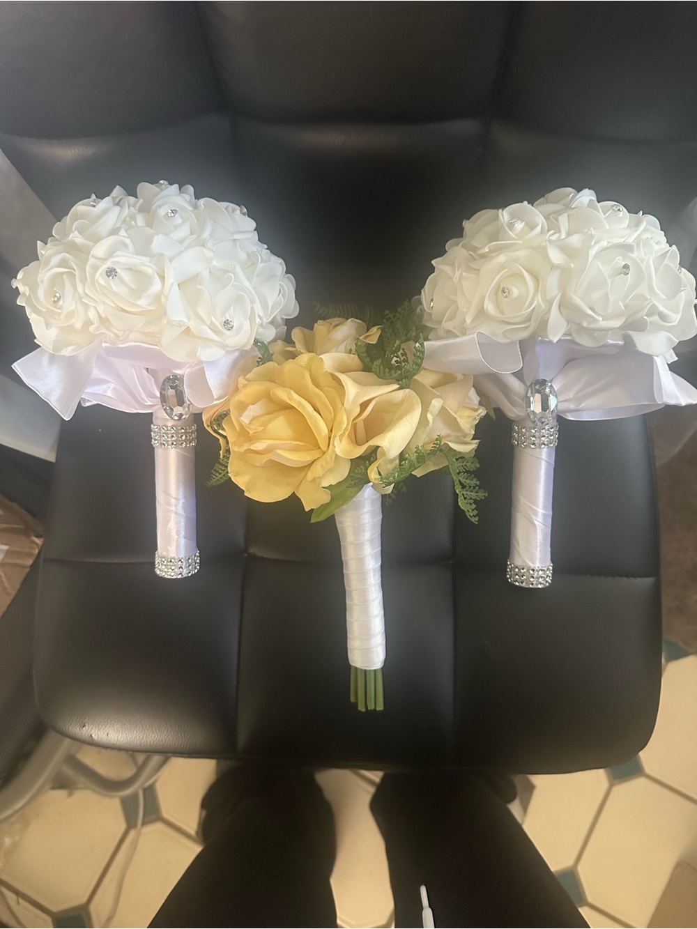 Bridal Bouquet Set - White and Yellow Rose Silk Bouquets